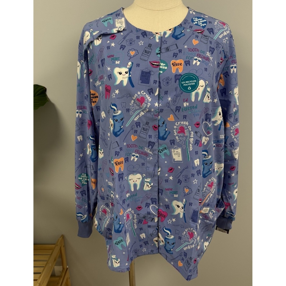 NWT Dickies Scrub Jacket 4X Blue Tooth Love Warm Up Snap Scrubs Dental Hygienist